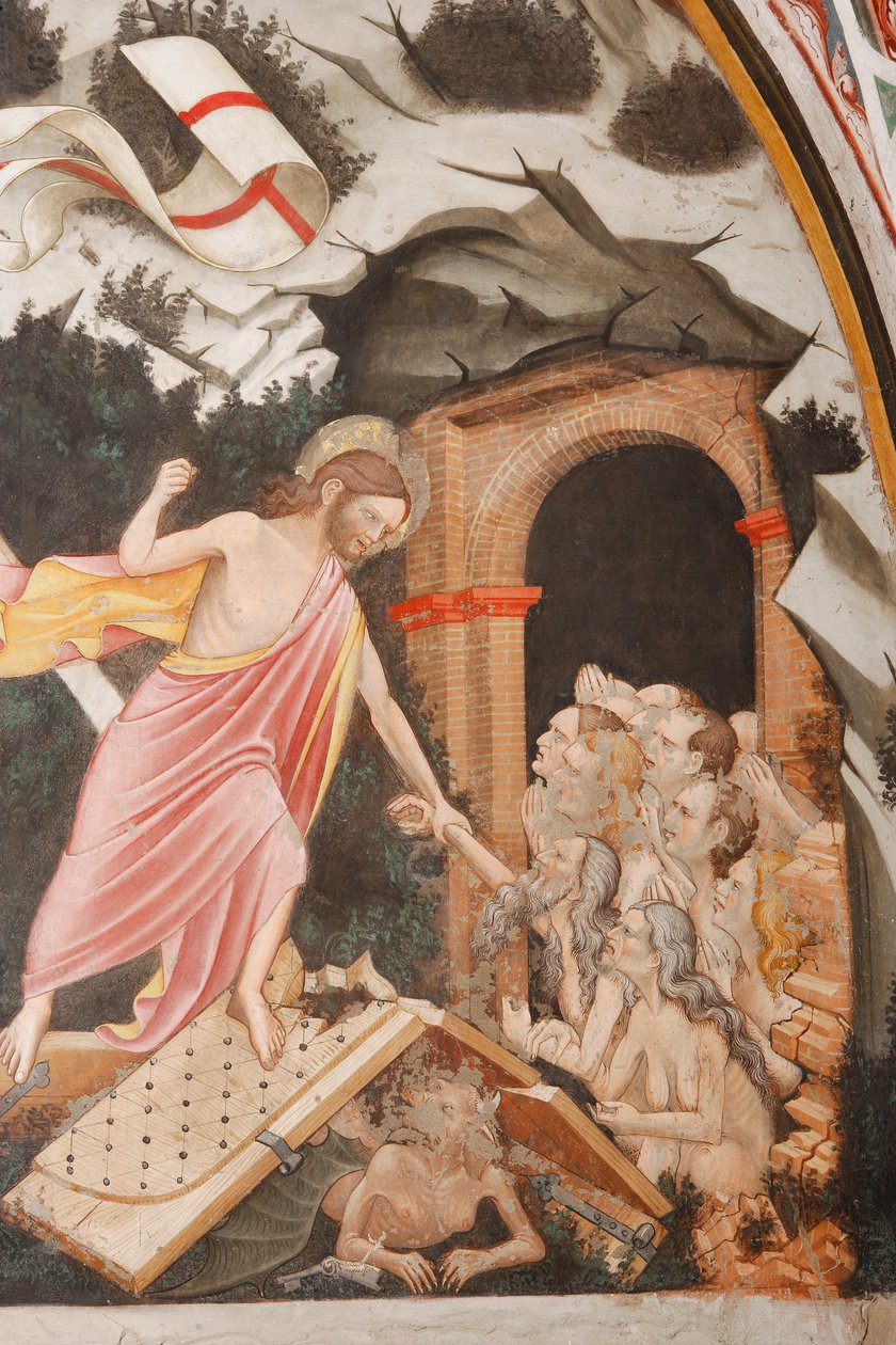 "Resurrection" och "Descent into Limbo", Detalj av "Descent into Limbo": Jesus tar Adams hand. Vid Kristi fötter, helvetets portar och djävulens gestalt på marken, ca 1420 (fresk) av Master of Vignola