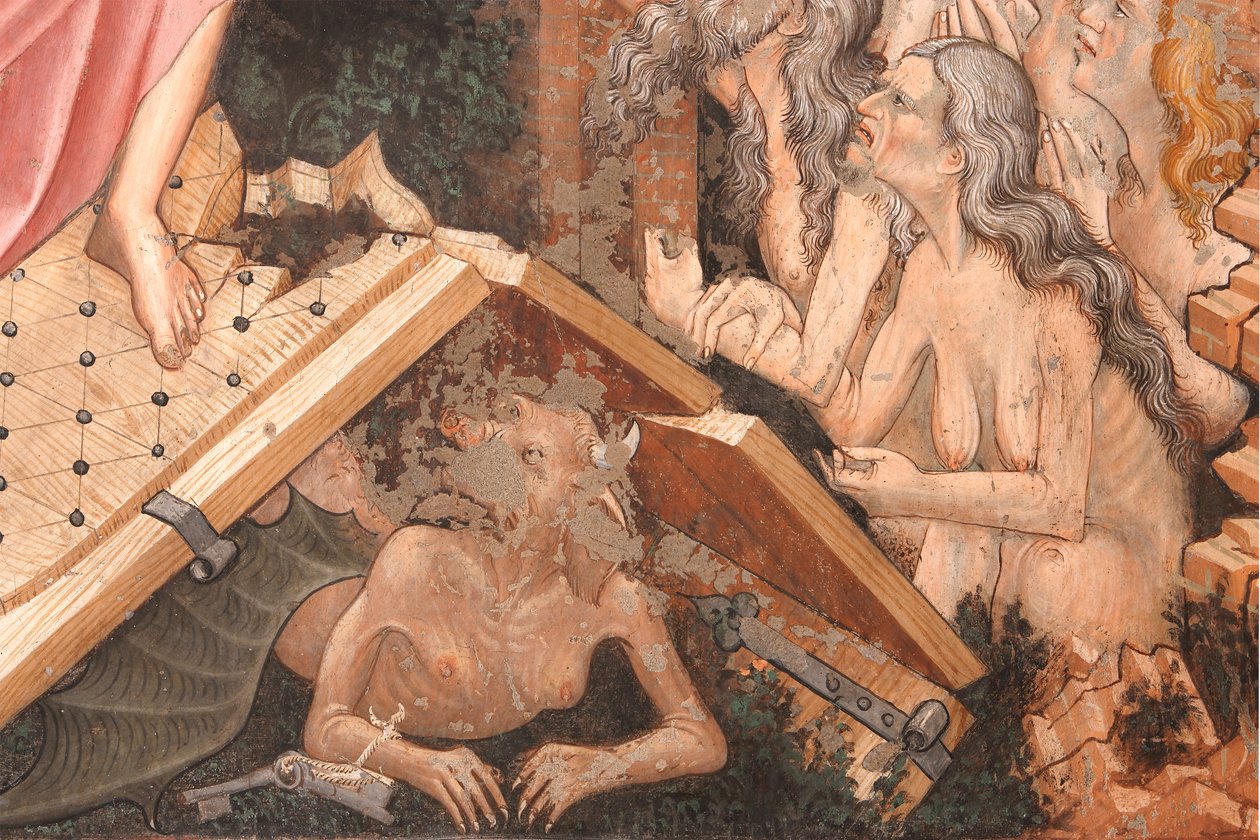 "Resurrection" och "Descent into Limbo", Detalj av "Descent into Limbo": helvetets portar och figuren av djävulen på marken, c.1420 (fresk) av Master of Vignola