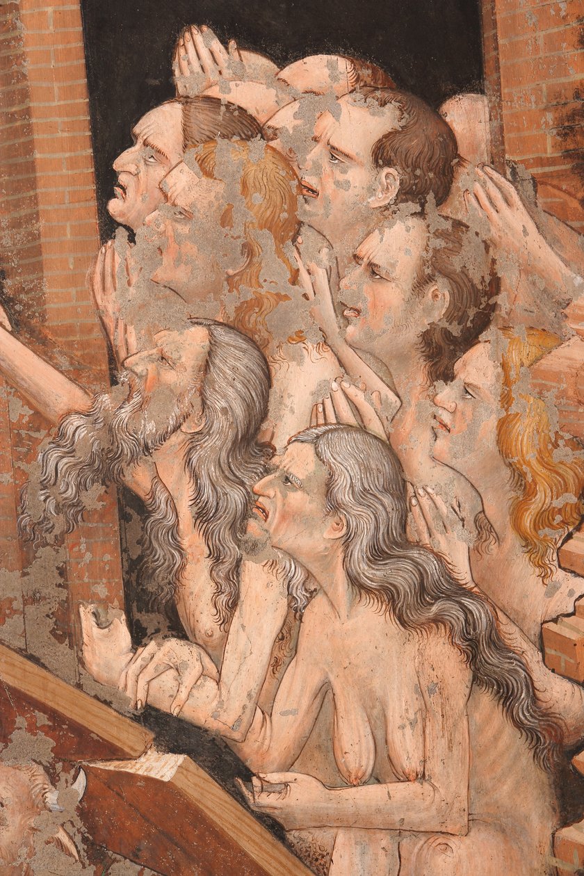 "Resurrection" och "Descent into Limbo", Detalj av de rättfärdiga människorna i Gamla testamentet, inklusive Adam med ett långt grått skägg, ca 1420 (fresk) av Master of Vignola