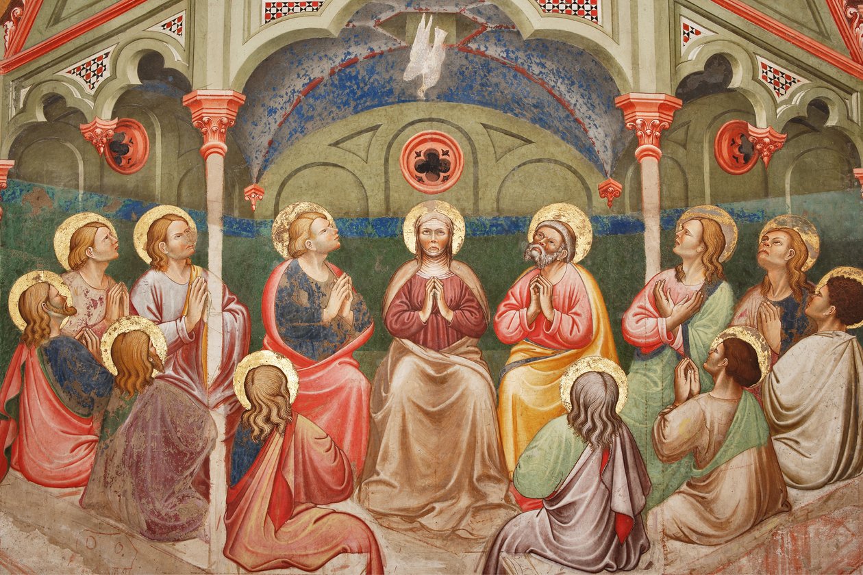 "Pingstdagen", Detalj med bedjande helgon och Jungfru Maria och duvan, ca 1420 (fresk) av Master of Vignola