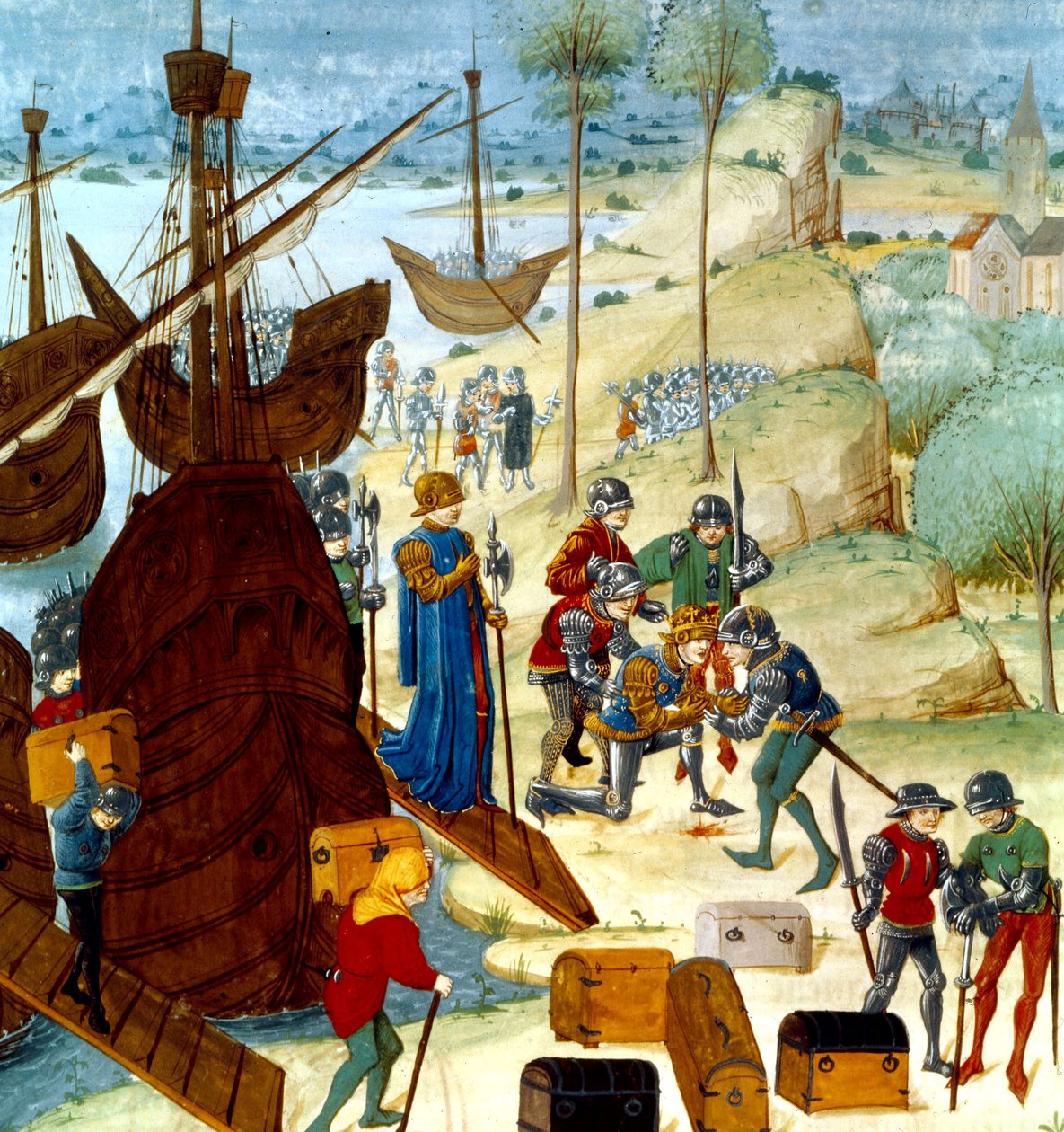 Kung Edward III anländer till Saint Vaast La Hogue den 12 juli 1346, illustration från Chroniques dAngleterre av Master of Wavrin