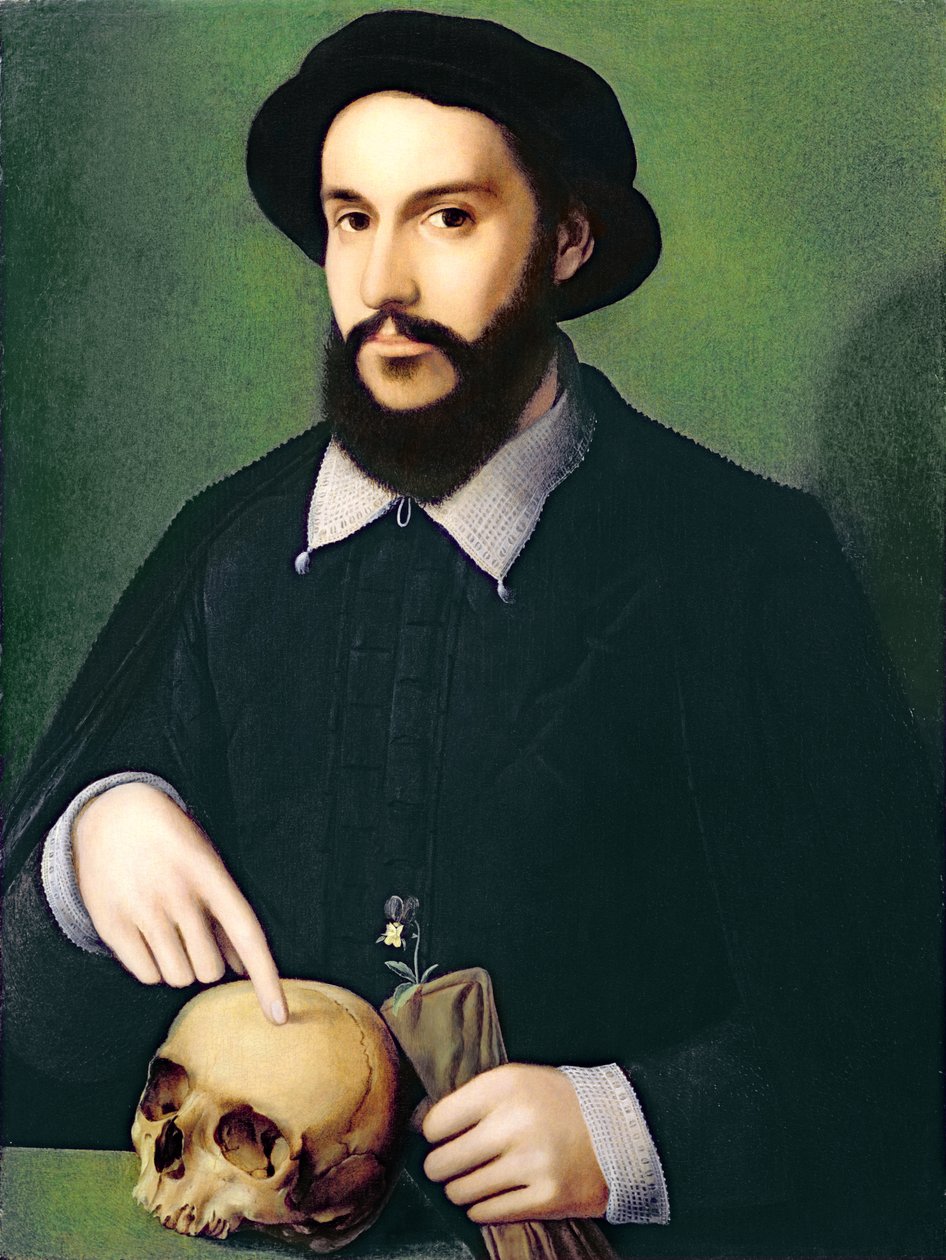 Porträtt av en gentleman med sin högra hand pekar på en skalle, c.1540 av Master of the 1540s