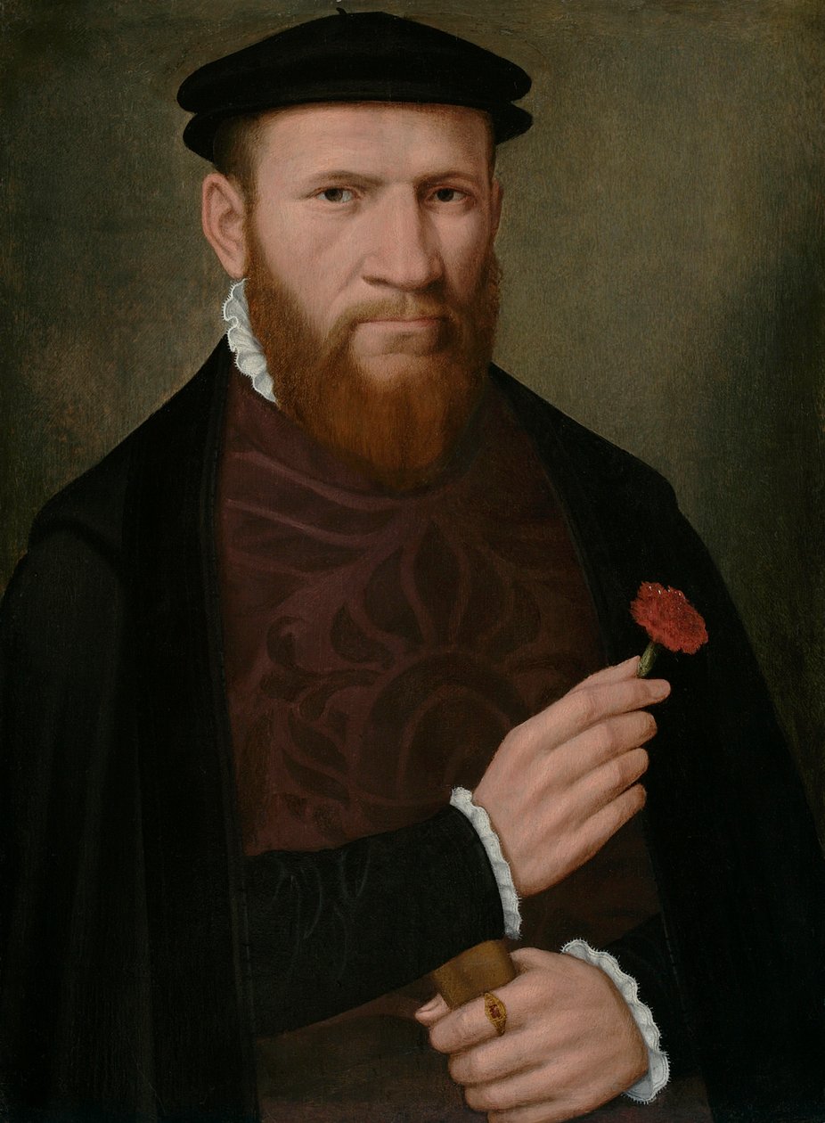 Porträtt av en man med sin högra hand som håller en röd nejlika och i hans vänstra en handske, 1540-51 av Master of the 1540s
