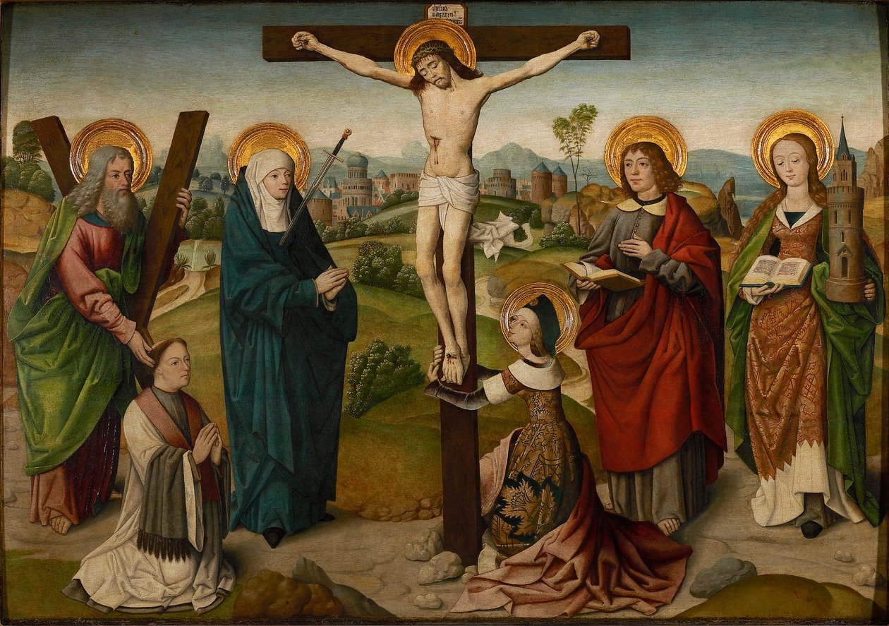 Korsfästelsen med heliga och donatorer, c.1490-1495. av Master of the Aachen Cabinet Doors