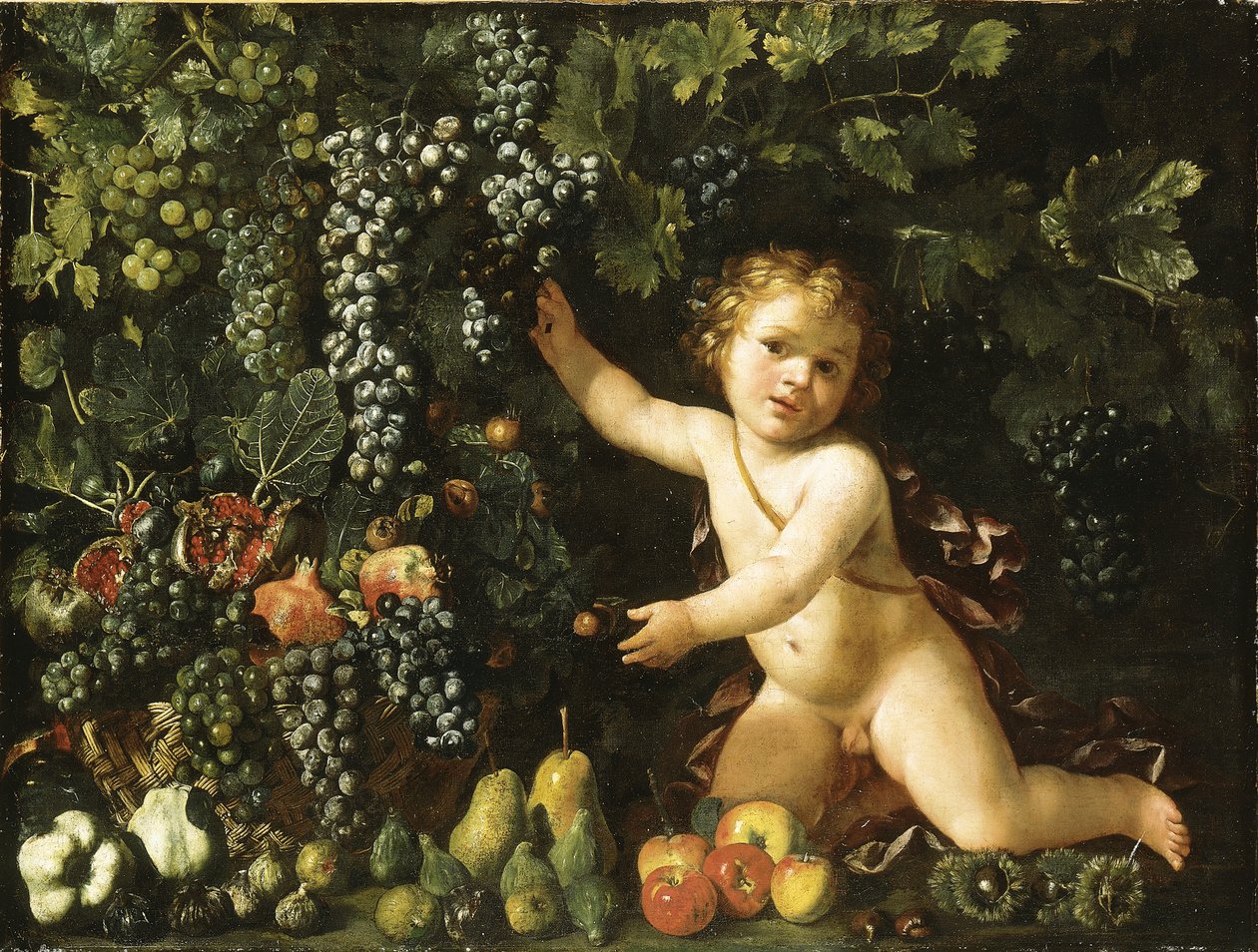 Druvor på vinrankan, granatäpplen, vindruvor och nypon i en korg, med fikon, äpplen, päron och kastanjer av en putto av Master of the Acquavella Still Life