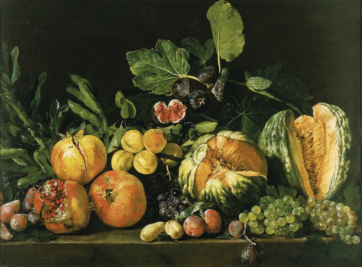 Granatäpplen, meloner, vindruvor, persikor, fikon och andra frukter på en stenkant av Master of the Acquavella Still Life