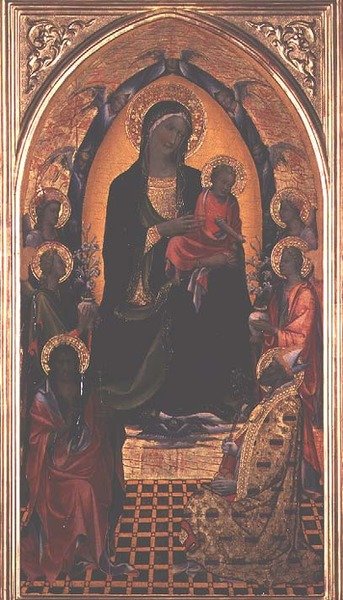 Madonna och barn med Johannes Döparen och Nikolaus av Myra (tempera på panel) av Master of the Bambino Vispo