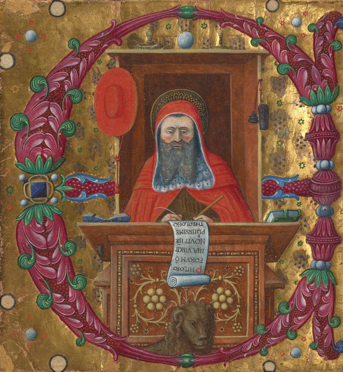 Initial E: Sankt Hieronymus i sitt arbetsrum av Master of the Birago Hours