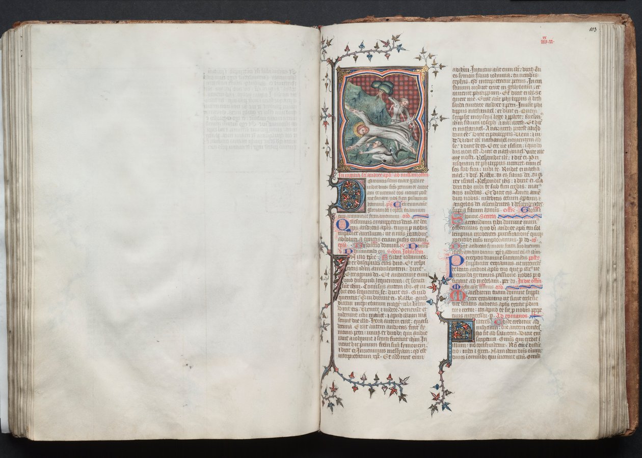 The Gotha Missal: Fol. 103r, St. Andrew blir bunden till korset, ca. 1375. av Master of the Boqueteaux