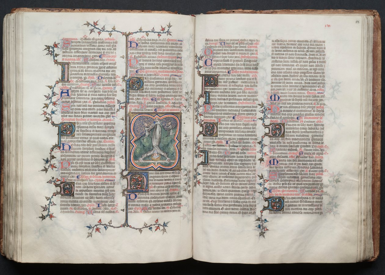 The Gotha Missal: Fol. 117v, St. Peter bunden upp och ner för att korsa, ca. 1375. av Master of the Boqueteaux