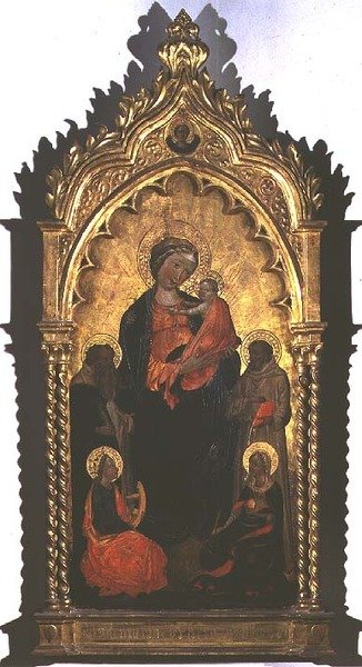 Madonna och barn med heliga (tempera på panel) av Master of the Borgo alla Collina