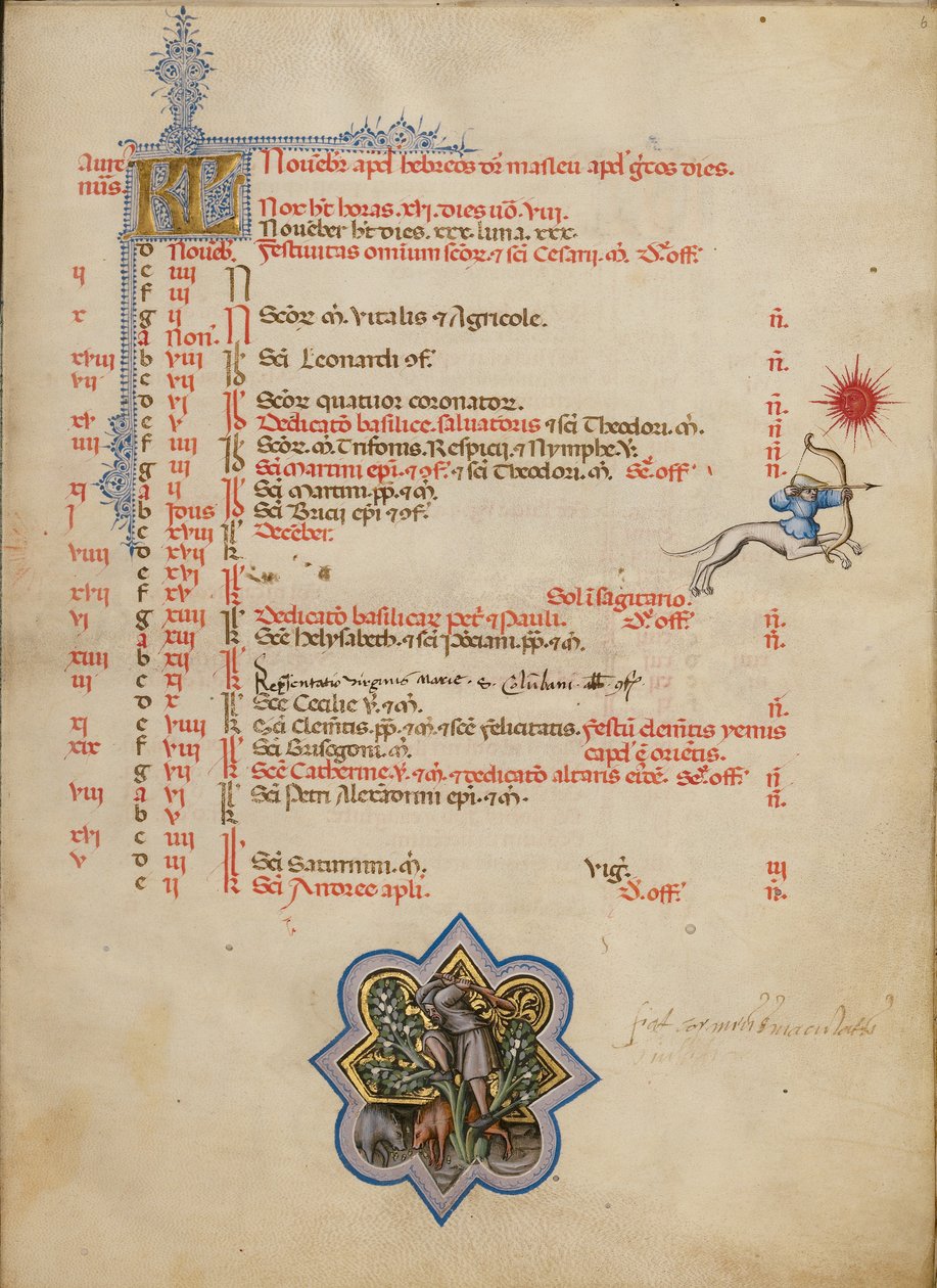 En man som knackar ner ekollon från ett träd; Skyttens stjärntecken av Master of the Brussels Initials