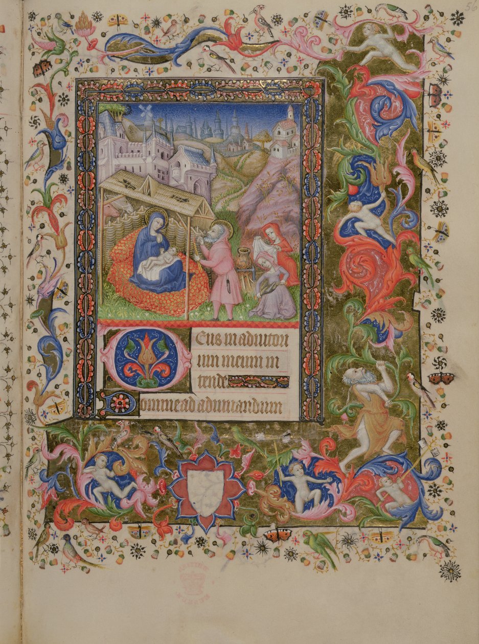 Lägg till 29433 f.56 Nativity, from a Book of Hours, c.1407 (vellum) (se även 16338 & 16339) av Master of the Brussels Initials