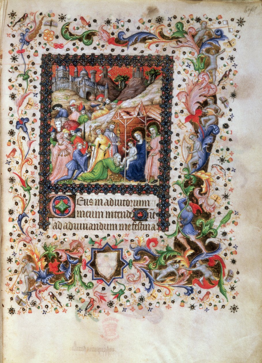 Lägg till 29433 f.67 Adoration of the Child, from a Book of Hours, c.1407 (vellum) av Master of the Brussels Initials