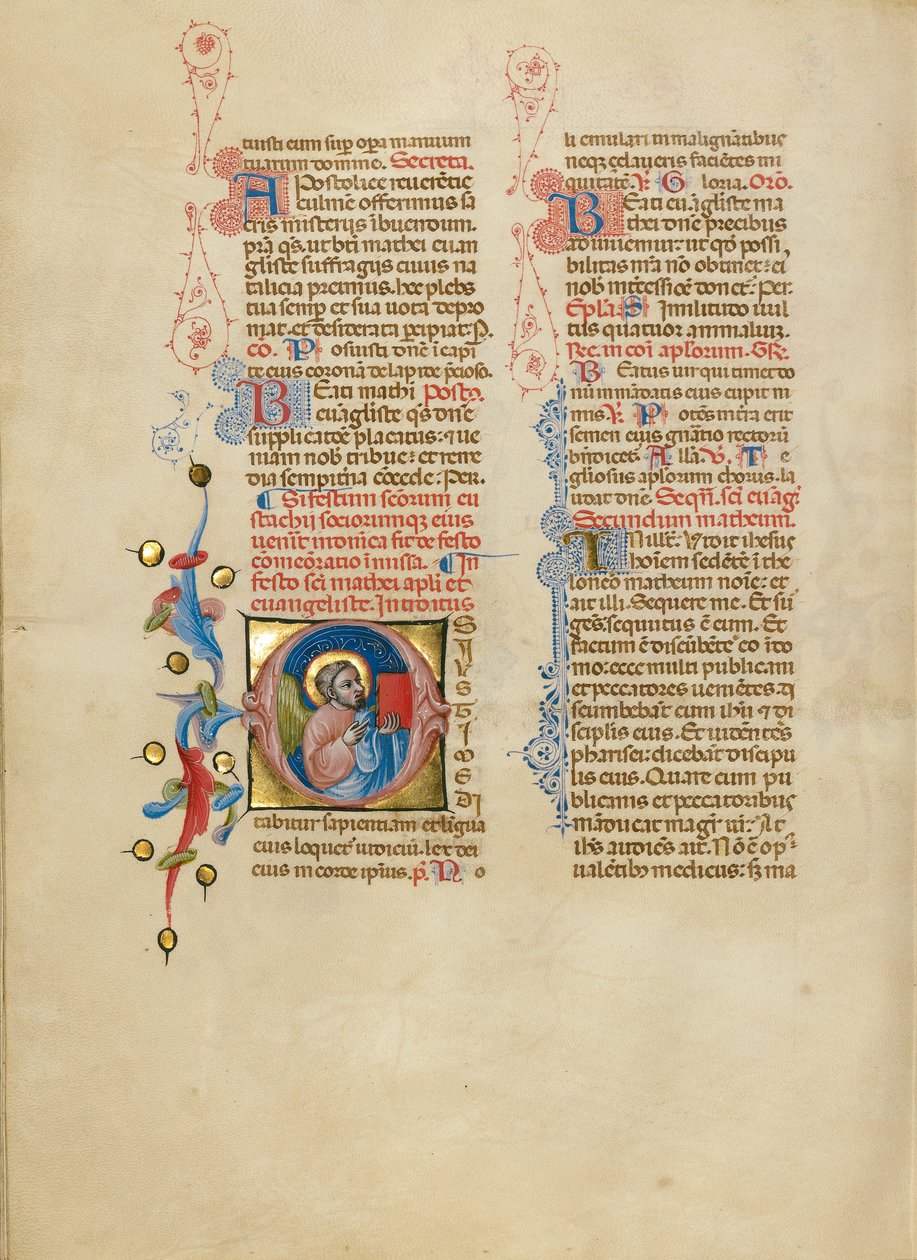 Initial O: Matteus ängel håller upp sitt evangelium av Master of the Brussels Initials
