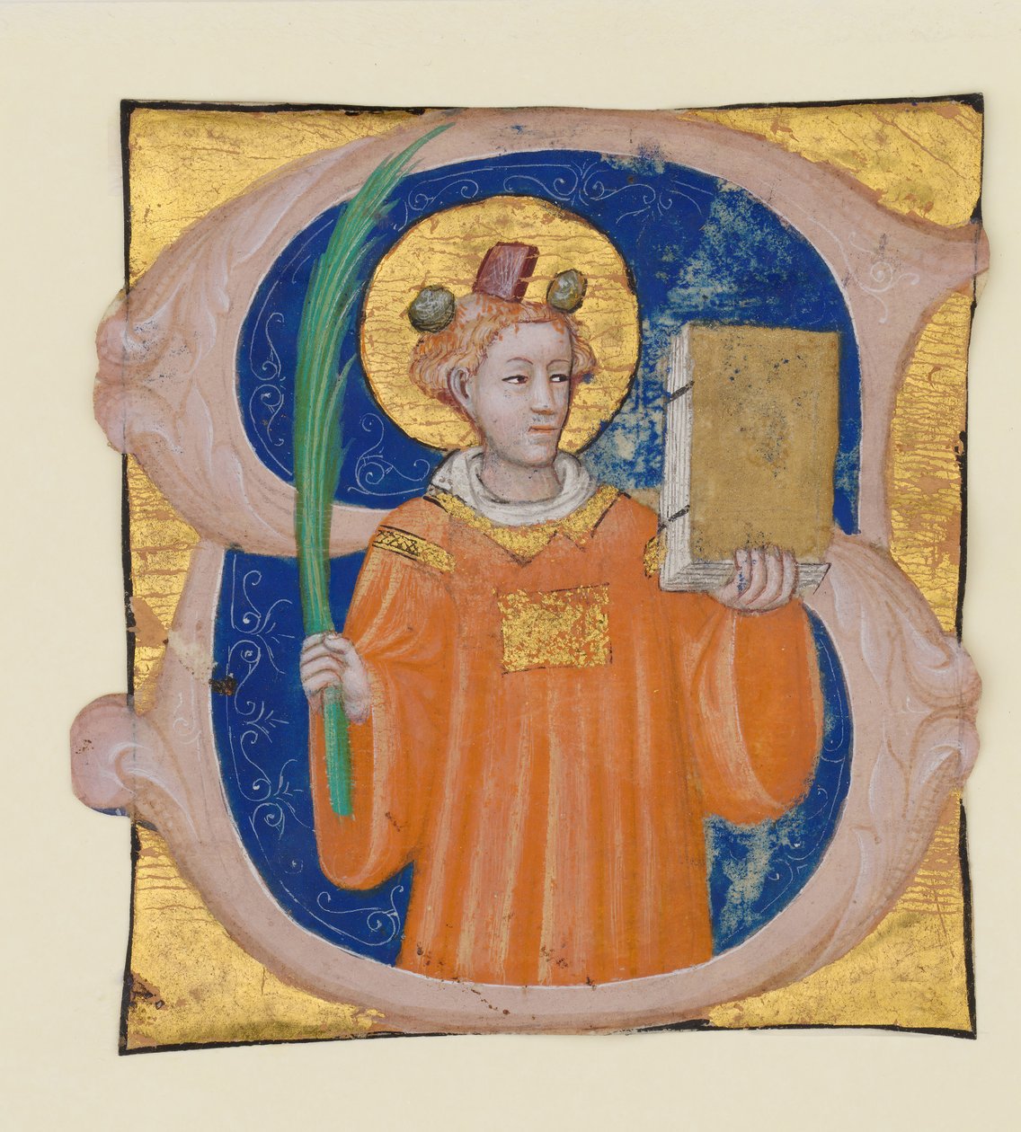 Manuskriptbelysning med Saint Stephen i ett initialt S, från ett antifonarium, italiensk, ca. 1410-2 av Master of the Brussels Initials