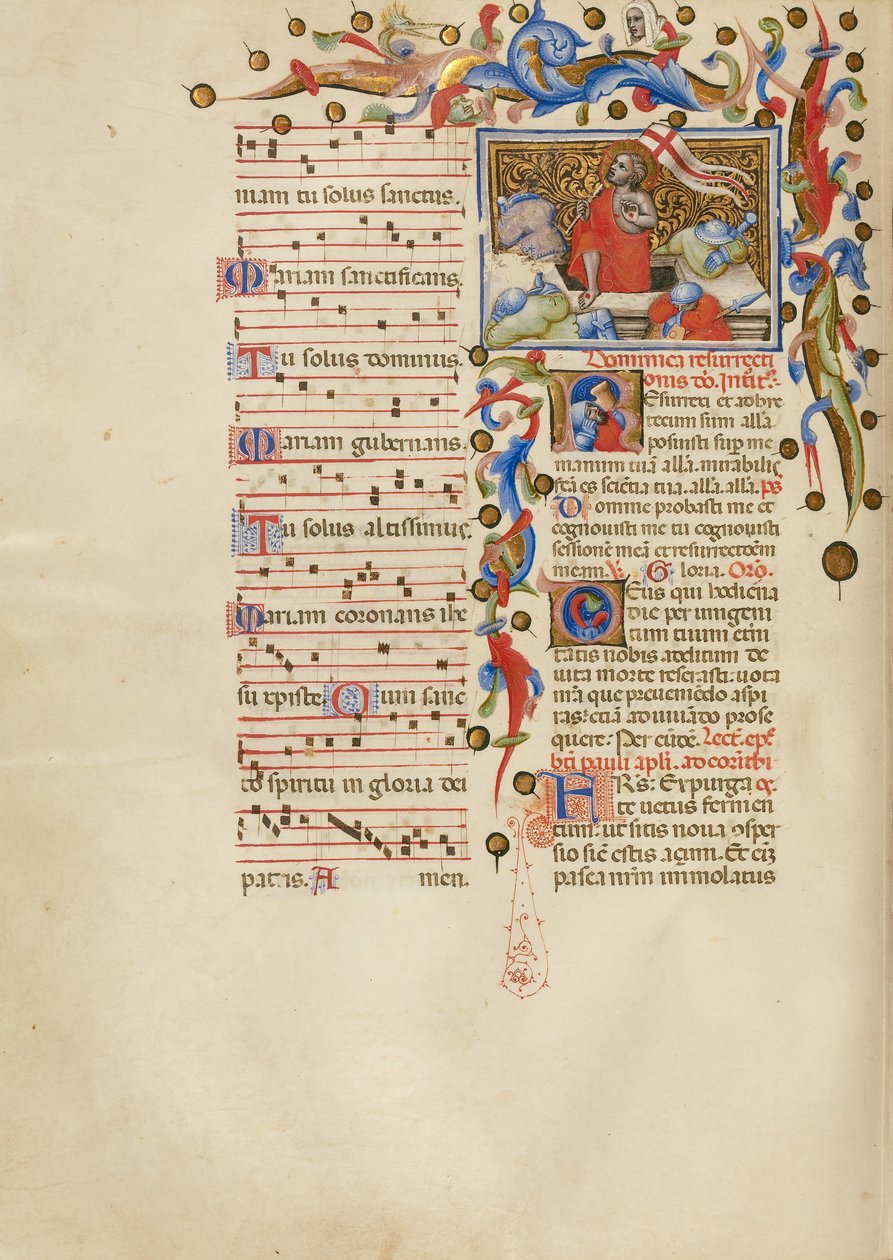 Återuppståndelsen; Initial R: En sovande soldat av Master of the Brussels Initials