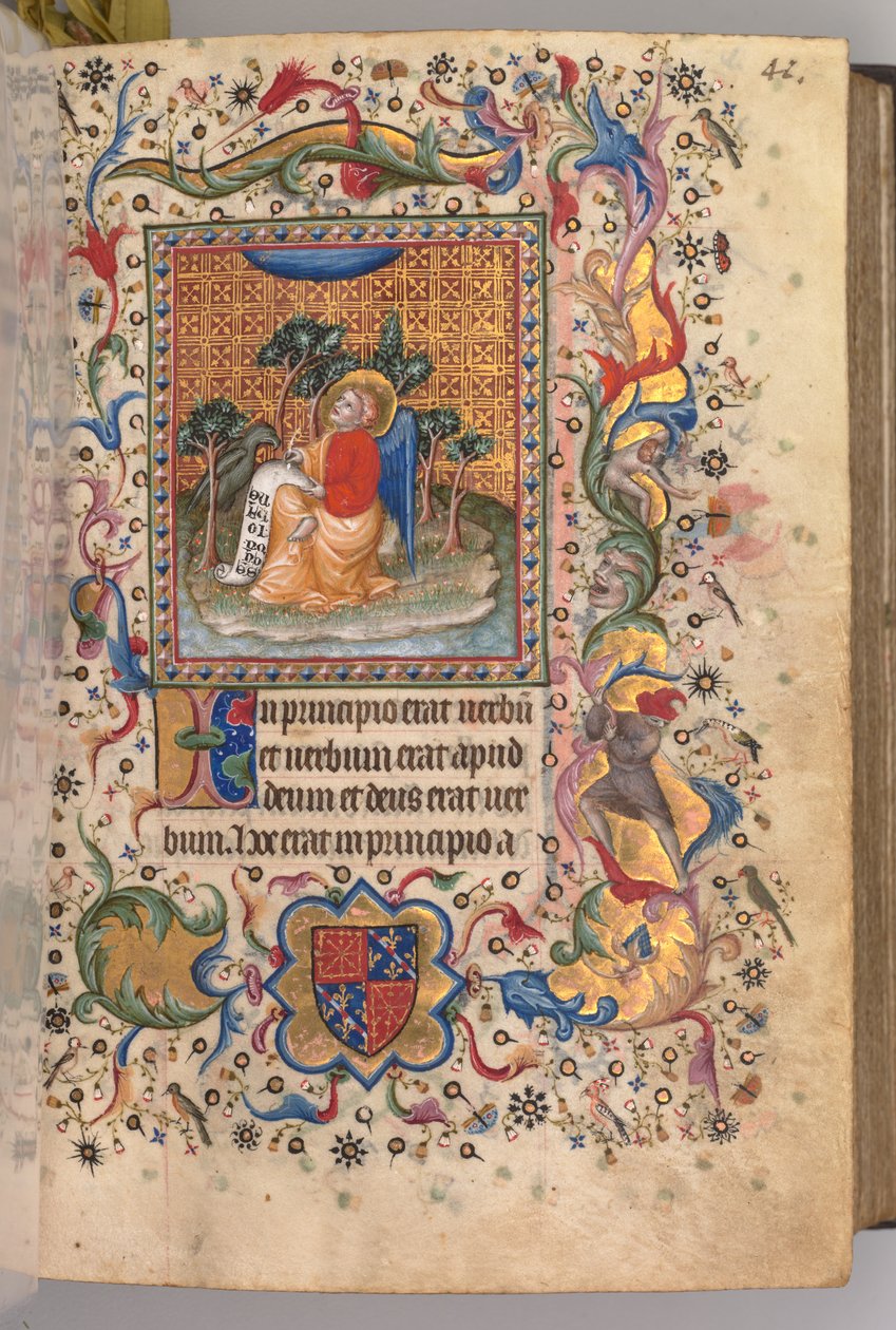 Timmar för Karl den ädle, kung av Navarra 1361-1425: fol.1r, Johannes evangelisten, ca. 1405. av Master of the Brussels Initials and Associates