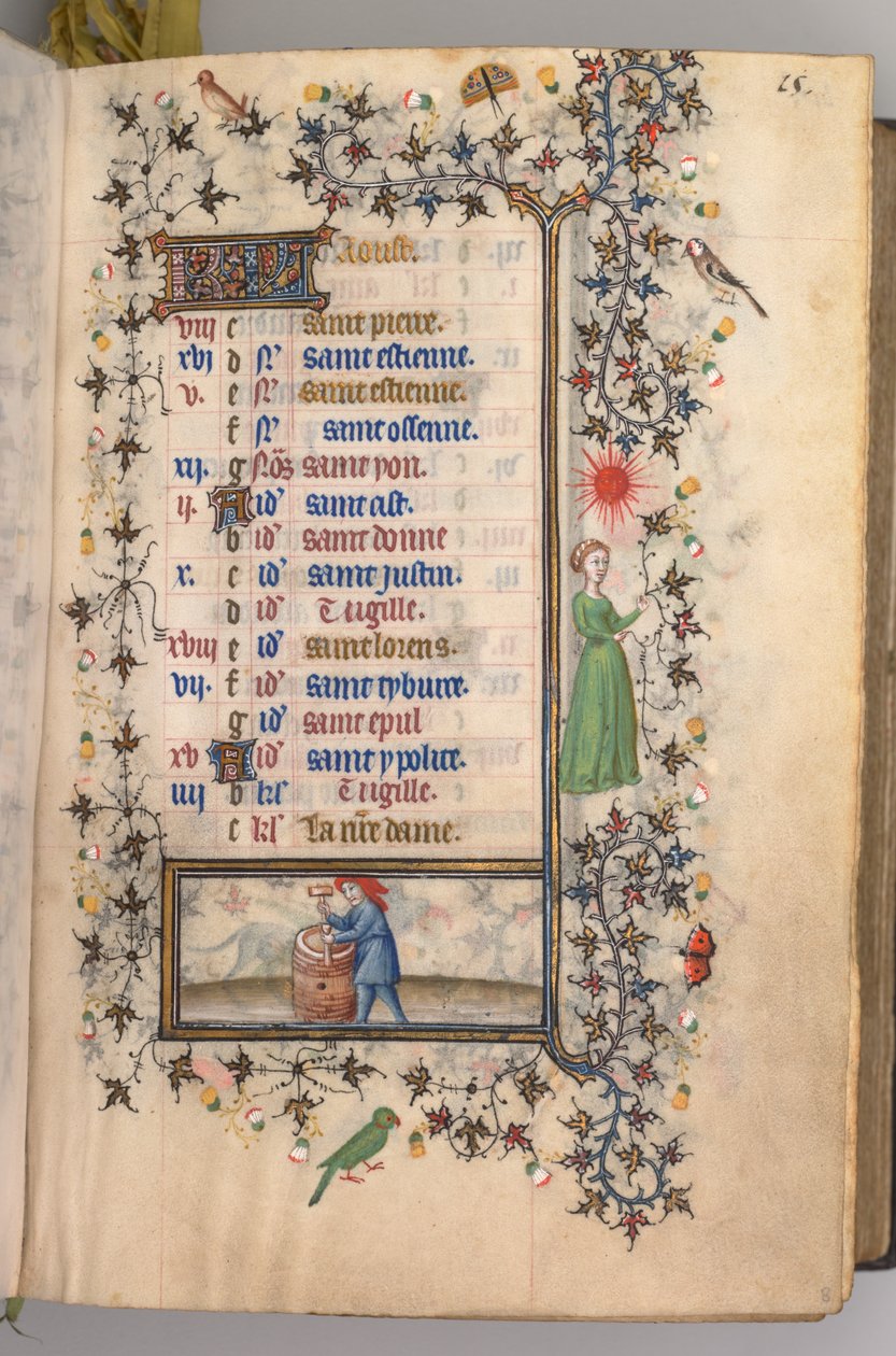 Timmar för Karl den ädle, kung av Navarra 1361-1425: fol. 8r, augusti, ca. 1405. av Master of the Brussels Initials and Associates