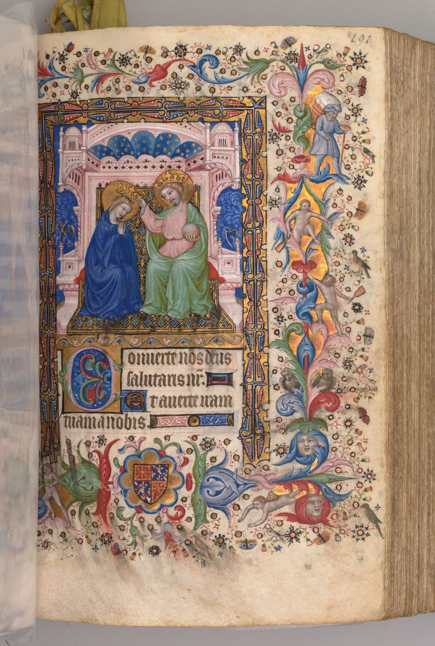 Timmar för Karl den ädle, kung av Navarra 1361-1425: fol. 96r, Jungfruns kröning..., ca. 1 av Master of the Brussels Initials and Associates