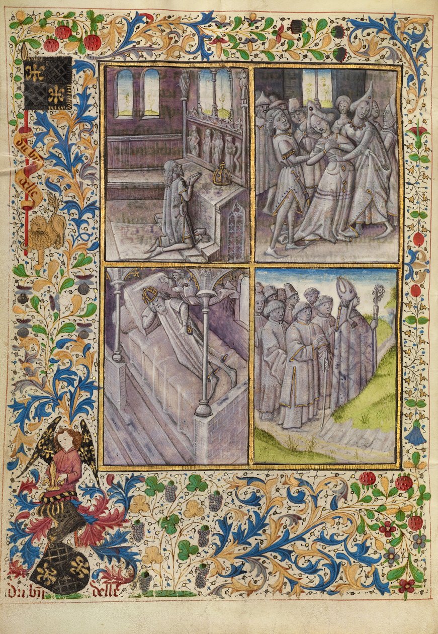Kejsar Konstantin ber i en kyrka; Sophia plågas av onda andar; genom en dröm beordrar Gud Konstantin att hitta Antonius kvarlevor; biskop Theophile åker till Egypten av Master of the Brussels Romuléon