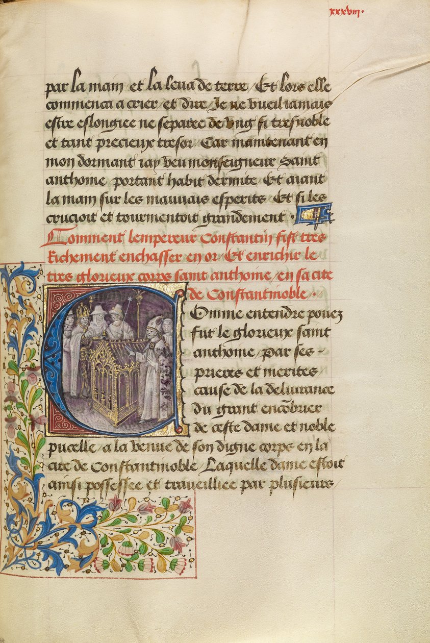 Initial C: Kejsaren av Konstantinopel förankrar Sankt Antonius kropp av Master of the Brussels Romuléon