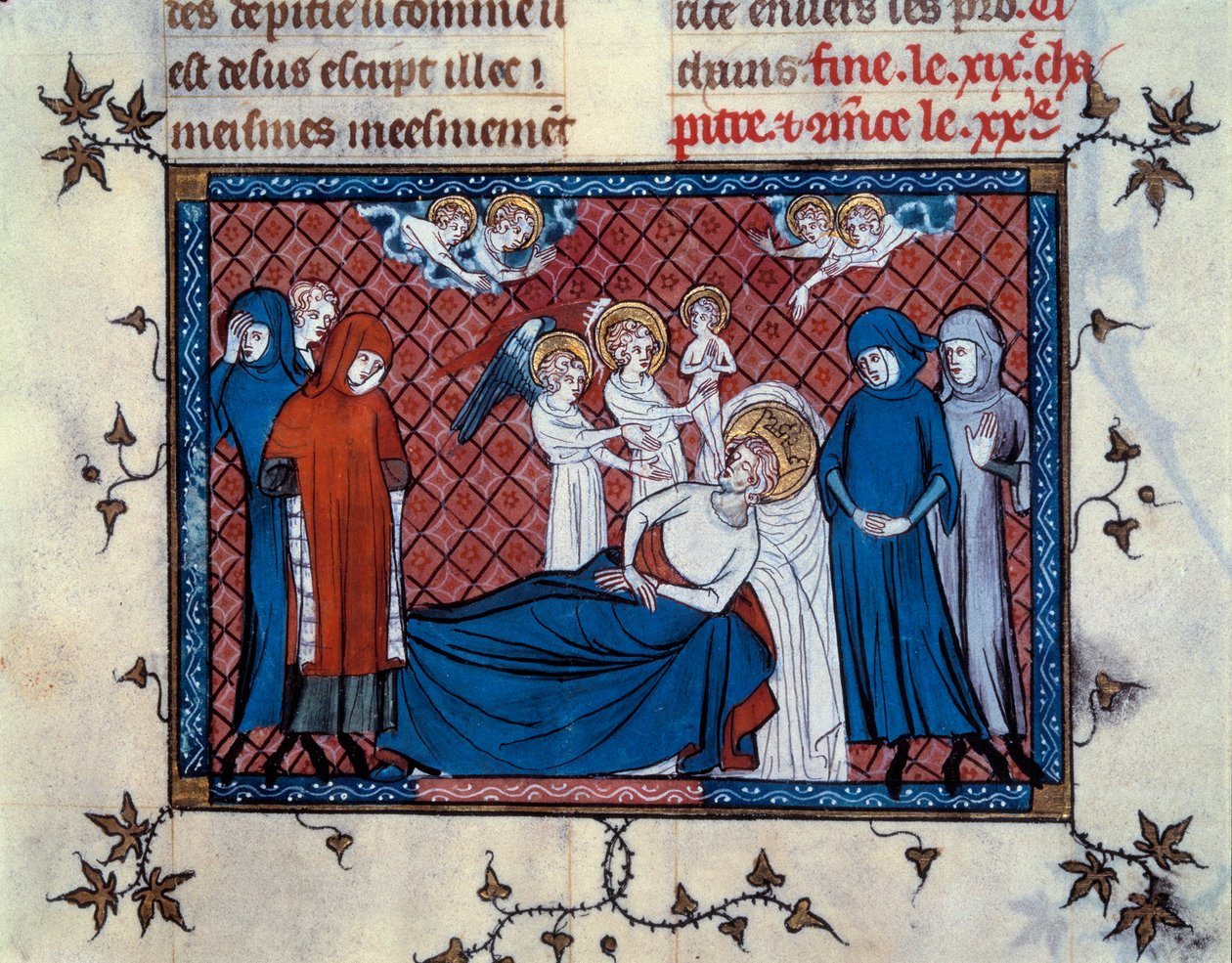 Saint Louis död i Tunis den 25 augusti 1270. miniatyr från manuskriptet "Life and Miracles of Saint Louis"" (sida 277), upplyst av Mahiet och skriven av William av Saint-Pathus av Master of the Cambrai Missal Mahiet