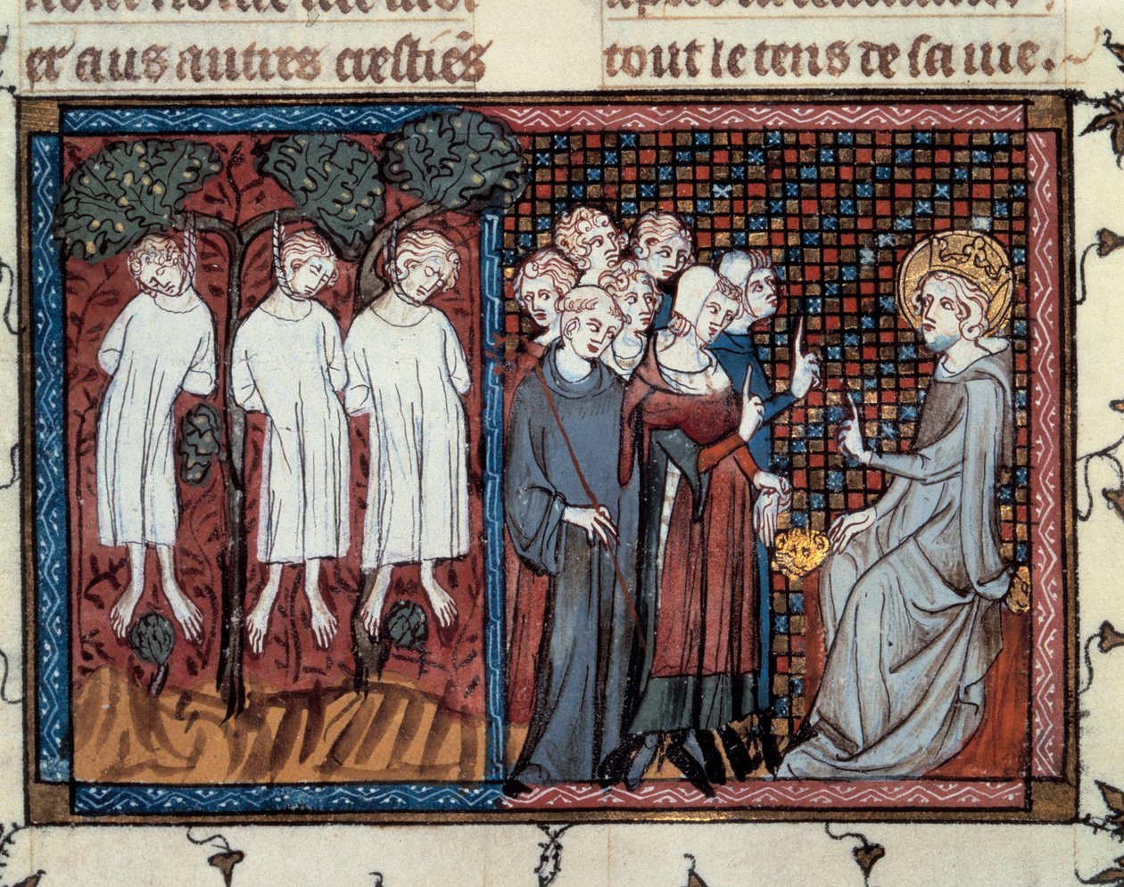 Avrättningar beordrade av Enguerrand IV de Coucy. Ludvig IX ger rättvisa. Miniatyr av Mahiet i "" Life and miracles of Saint Louis""", manuskript av Guillaume De Saint Pathus av Master of the Cambrai Missal Mahiet