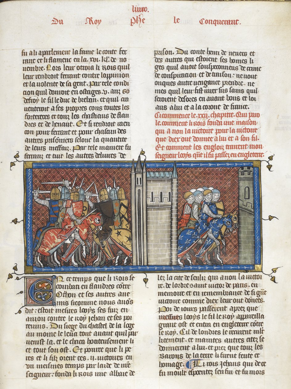 Royal 16 G. VI f.385 En strid med John, kung av England, och Ludvig VIII på marschen, från 