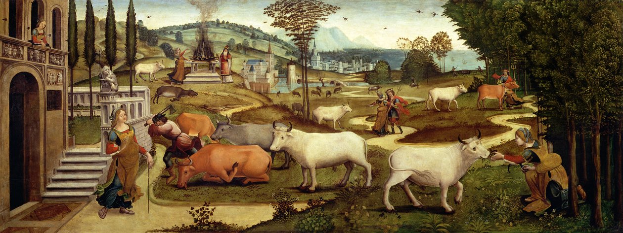 Passions of Pasiphae, hustru till kung Minos av Kreta, från Berättelsen om Theseus (olja på panel) av Master of the Campana Cassoni
