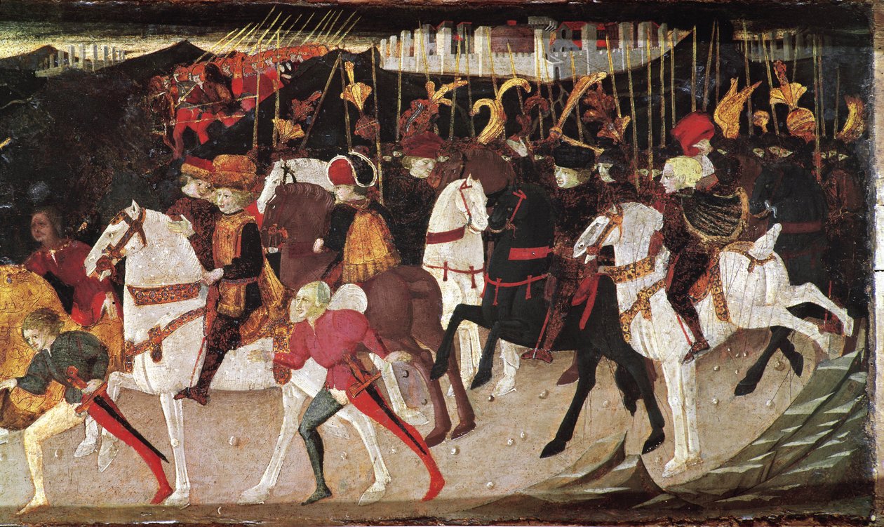 Decameron de Boccaccio (Jean Boccaccio): berättelse om Alatiel, dotter till sultanen av Babylon Beminedab, detalj som representerar ryttare och sidor (Berättelsen om Alatiel dotter till Beminedab, Sultanen av Babylon, ryttare och sidor) (7:e nyheten från d av Master of the Cassoni