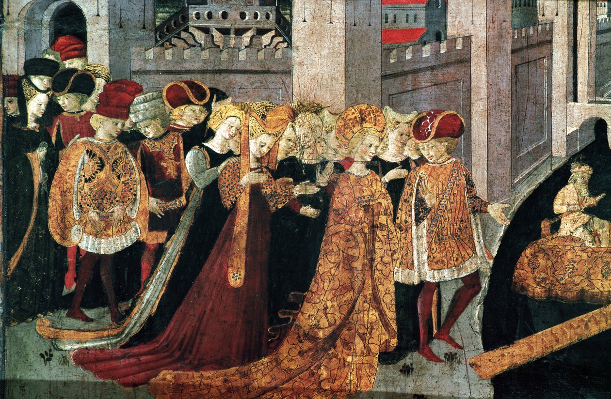 Decameron de Boccaccio (Jean Boccaccio): Chatelain Pericone välkomnar Alatiel, dotter till sultanen av Babylon Beminedab och hennes svit på ön Mallorca (Pericone da Visalgo välkomnar Alatiel dotter till Beminedab, Sultanen av Babylon, på hej av Master of the Cassoni