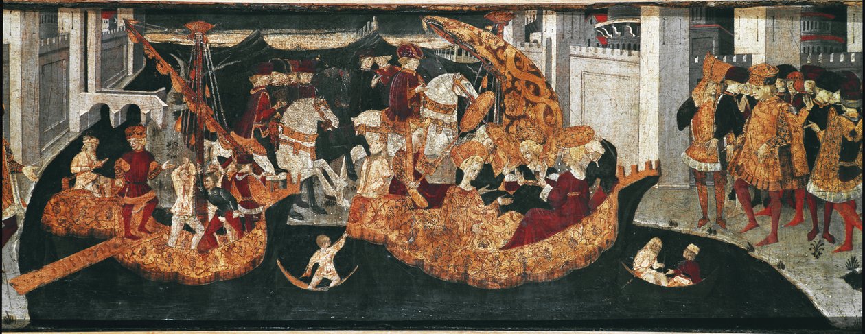 Decameron de Boccaccio (Jean Boccaccio): Chatelain Pericone välkomnar Alatiel, dotter till sultanen av Babylon Beminedab och hennes svit på ön Mallorca (Pericone da Visalgo välkomnar Alatiel dotter till Beminedab, Sultanen av Babylon, på hej av Master of the Cassoni