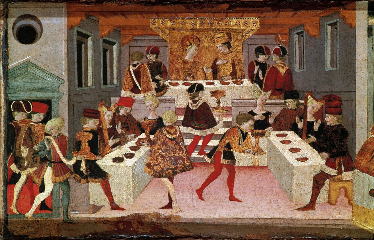 Decameron de Boccaccio (Jean Boccaccio): banketten anordnad av Chatelain Pericone för att välkomna Alatiel, dotter till Sultanen av Babylon Beminedab och hennes svit på ön Mallorca (bankett arrangerad av Pericone da Visalgo för att välkomna Alatiels dotter av Master of the Cassoni