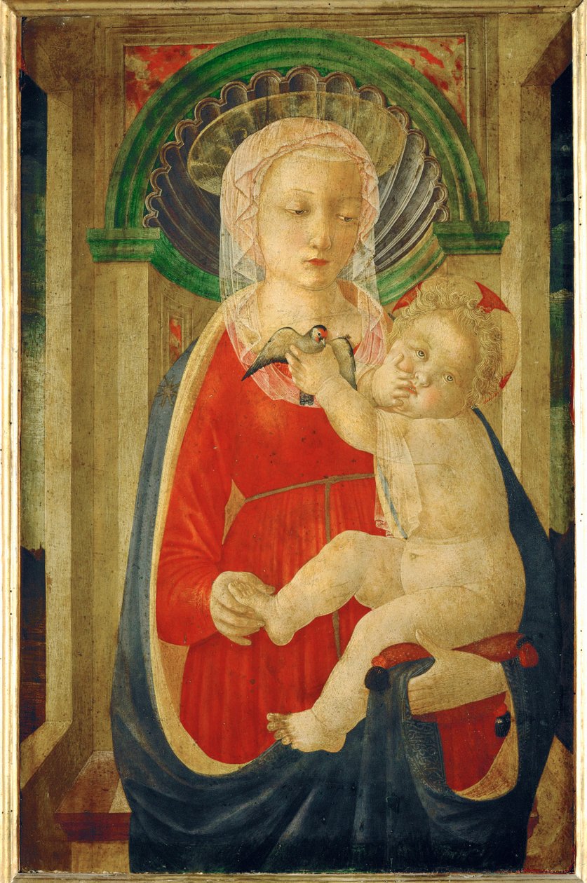 Madonna och barn med en steglits ... av Master of the Castello Nativity