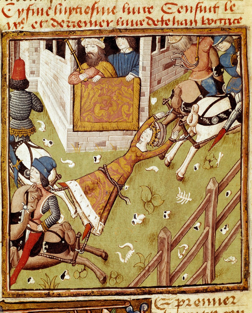 Brunehauts tortyr: Brunehaut eller Brunehilde (543-613), fången av Clotaire (Clothaire) II, slits sönder av hästar som drar sina medlemmar från varje sida - Miniatyr av Mästaren av damernas mästare från manuskriptet "" Des hommes illustres ”””” 15 av Master of the Champion des Dames