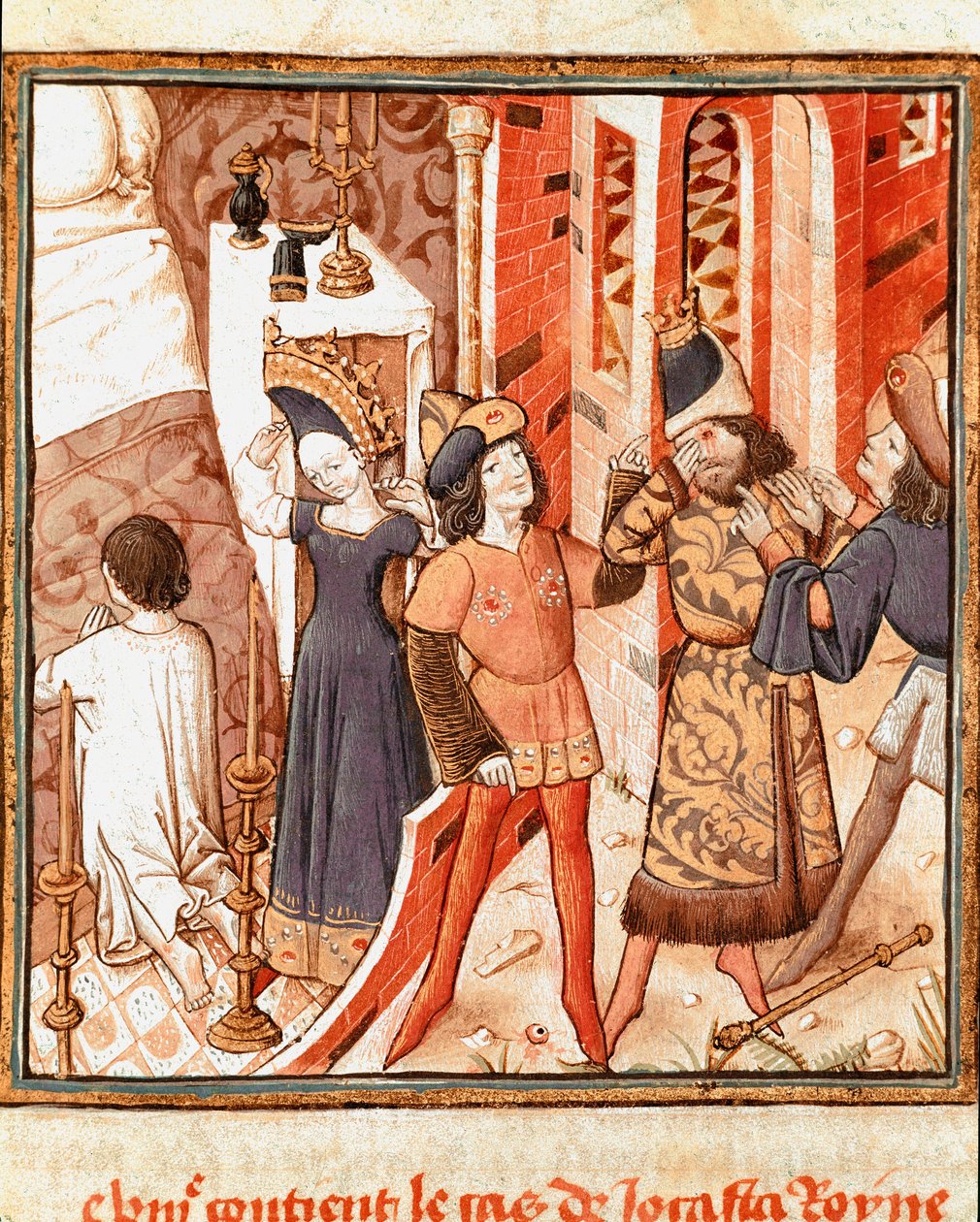Legenden om Jocaste, drottningen av Thebe. Oidipus, blind, efter att ha insett att döda sin egen far Miniatyr av mästaren av damernas mästare (1400-talet) från manuskriptet "" Des hommes illustres"" av Giovanni Boccaccio (Jean Boccaccio) (1313-1375). 15 av Master of the Champion des Dames