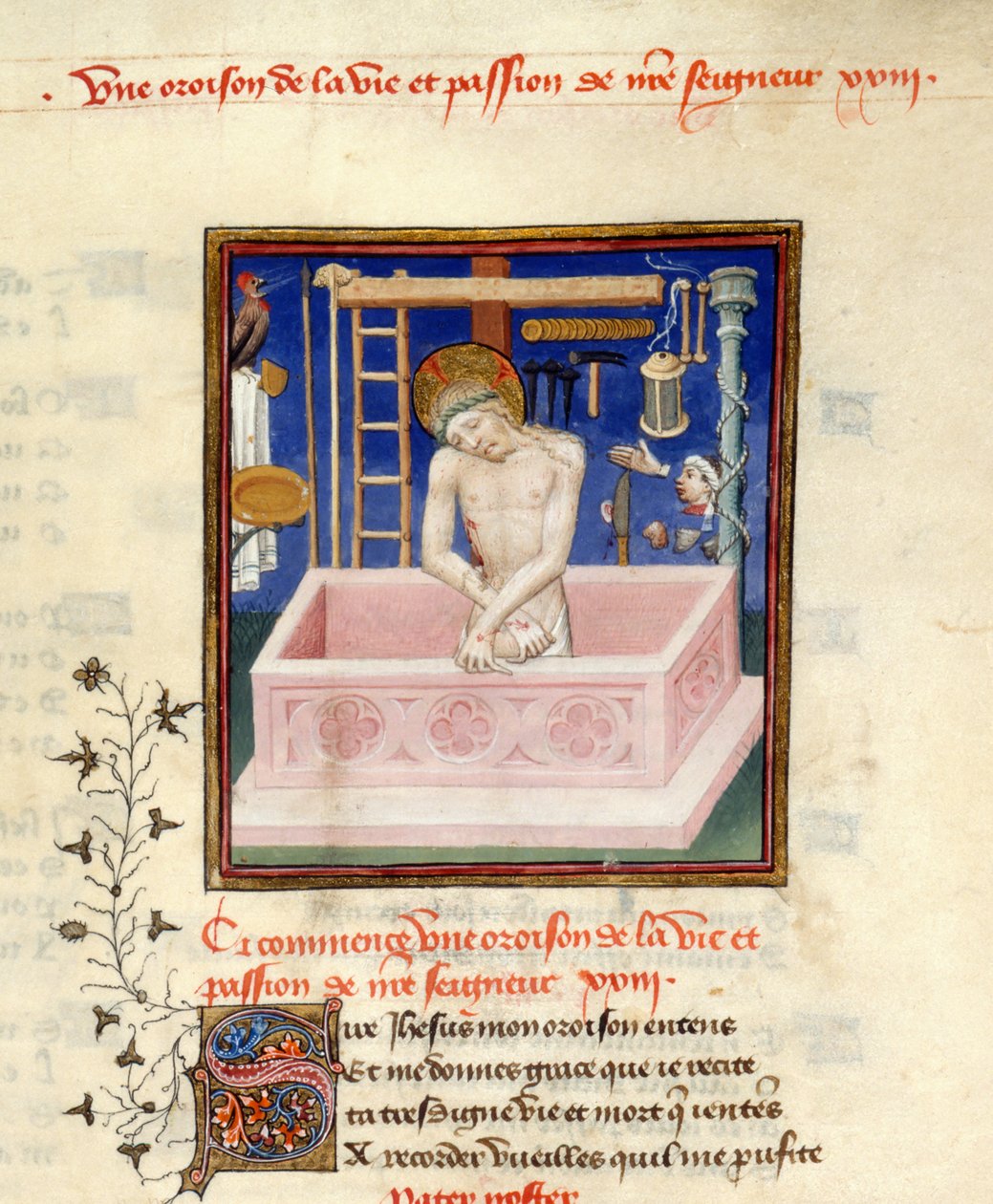 Detalj av en miniatyr av Kristus som sorgens man i början av en bön till Kristus, Harley 4431, f.257, från 