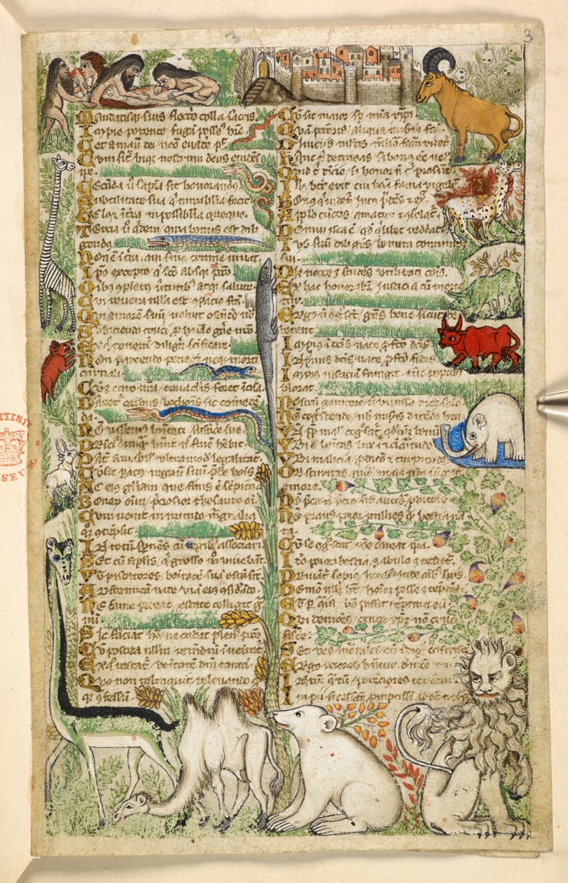 Lägg till. 28841, f.3: Kannibaler, en muromgärdad stad, och exotiska djur inklusive en giraff, lejon, kamel och elefant, från en avhandling om dygder och laster, och en anonym prosahistoria på Sicilien (fragment), ca 1330- 40 (vellum) av Master of the Cocharelli Codex