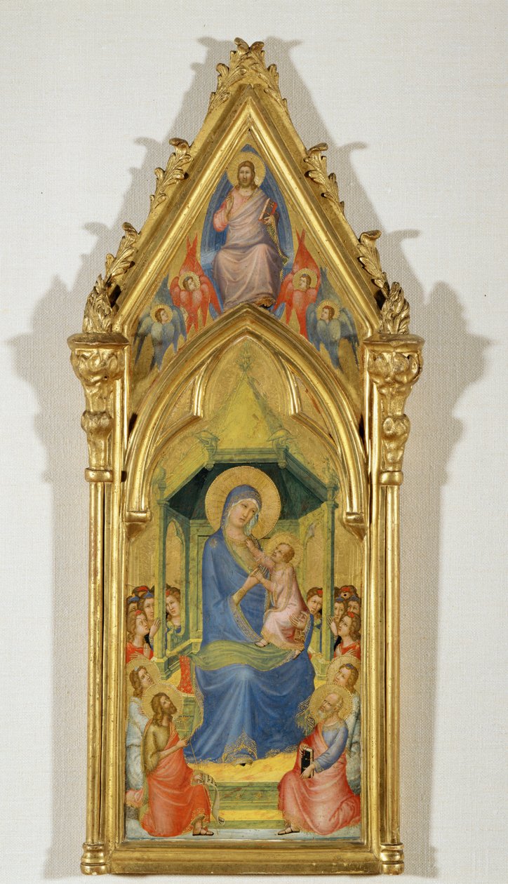 Madonna på tron mellan två änglar, Johannes Döparen och Petrus (målning på trä) av Master of the Codex of Saint George