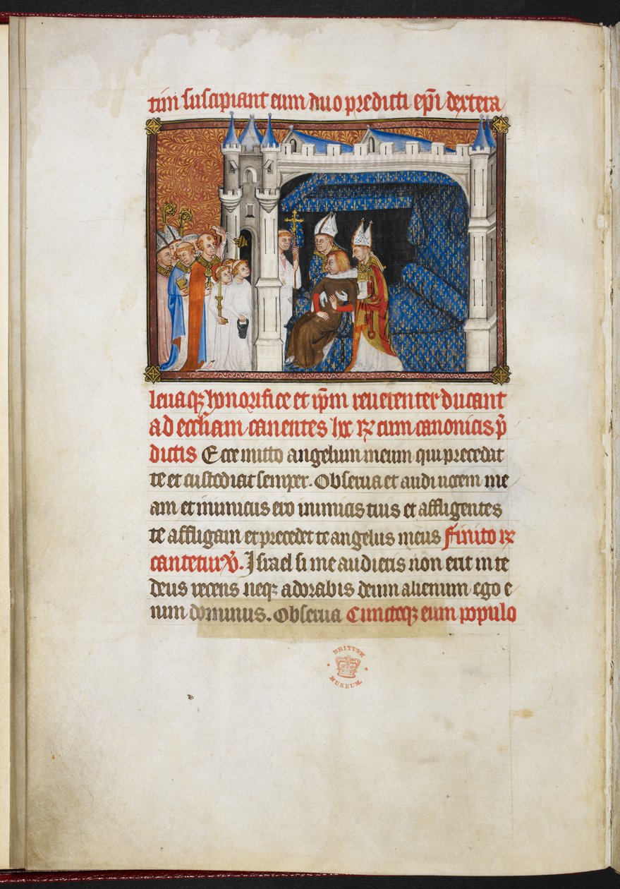 Cotton Tiberius B.VIII f.44v Biskoparna av Reims och Beauvais reser kungen från thalamus, från 