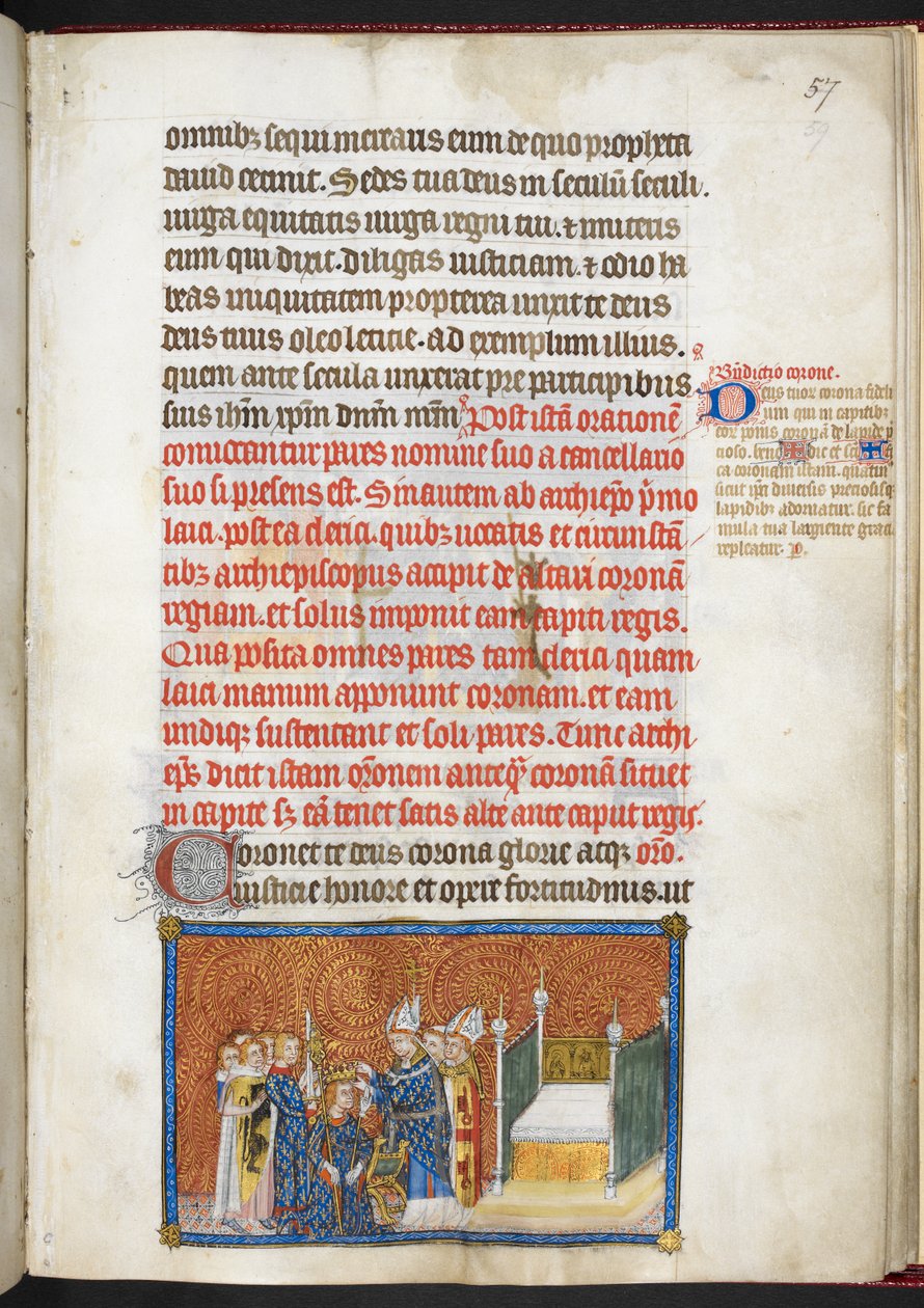 Cotton Tiberius B.VIII f.59 Ärkebiskopen av Reims placerar kronan på kungens huvud, från 