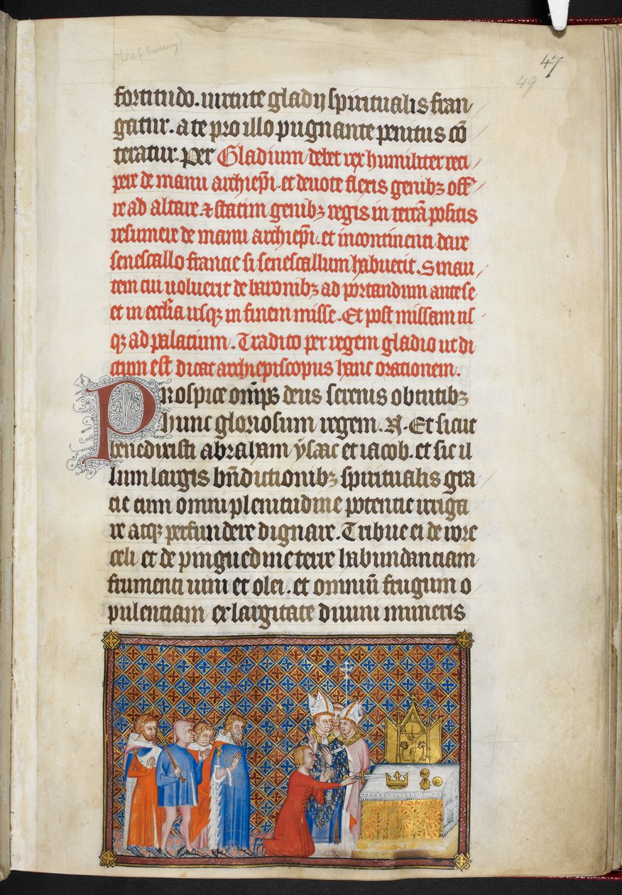 Cotton Tiberius B. VIII f.49r Kungen erbjuder svärdet på altaret, illustration från 