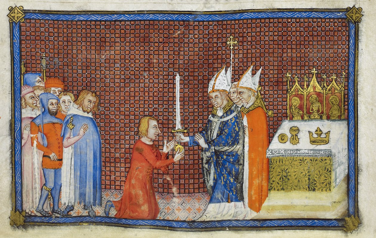 Cotton Tiberius B. VIII f.49v Ärkebiskopen av Reims återlämnar svärdet till kungen, illustration från 