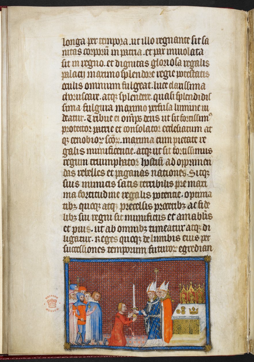 Cotton Tiberius B. VIII f.49v Ärkebiskopen av Reims återlämnar svärdet till kungen, illustration från 
