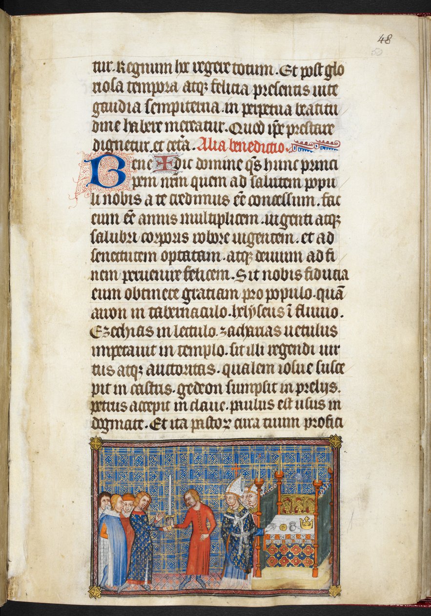 Bomull Tiberius B. VIII f.50r Kungen överför svärdet till Seneschalen (hertigen av Anjou), från 