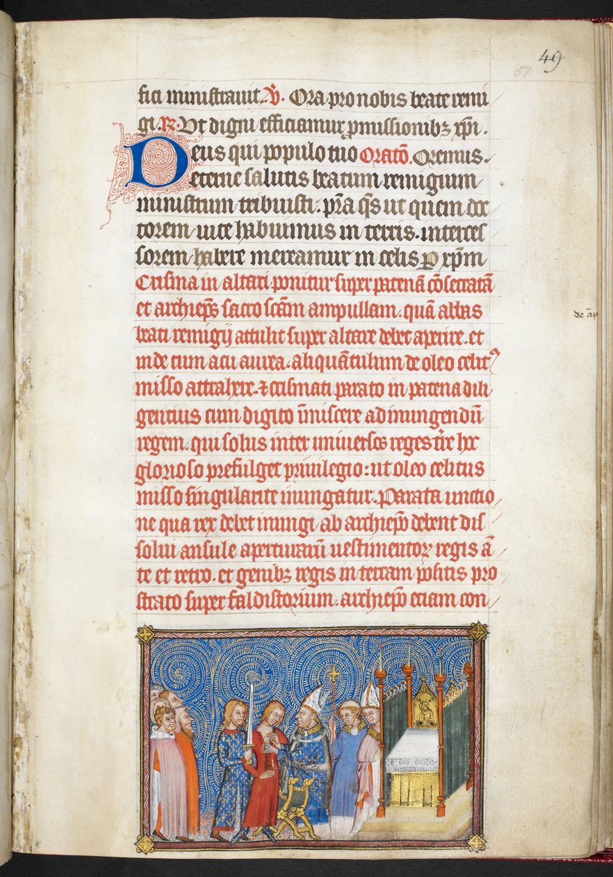 Cotton Tiberius B. VIII f.51r, ärkebiskopen av Reims som lossar kungens tunika, från 