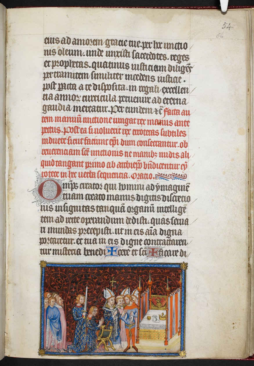 Cotton Tiberius B. VIII f.56r Ärkebiskopen av Reims välsignelse av kungens handskar, från 