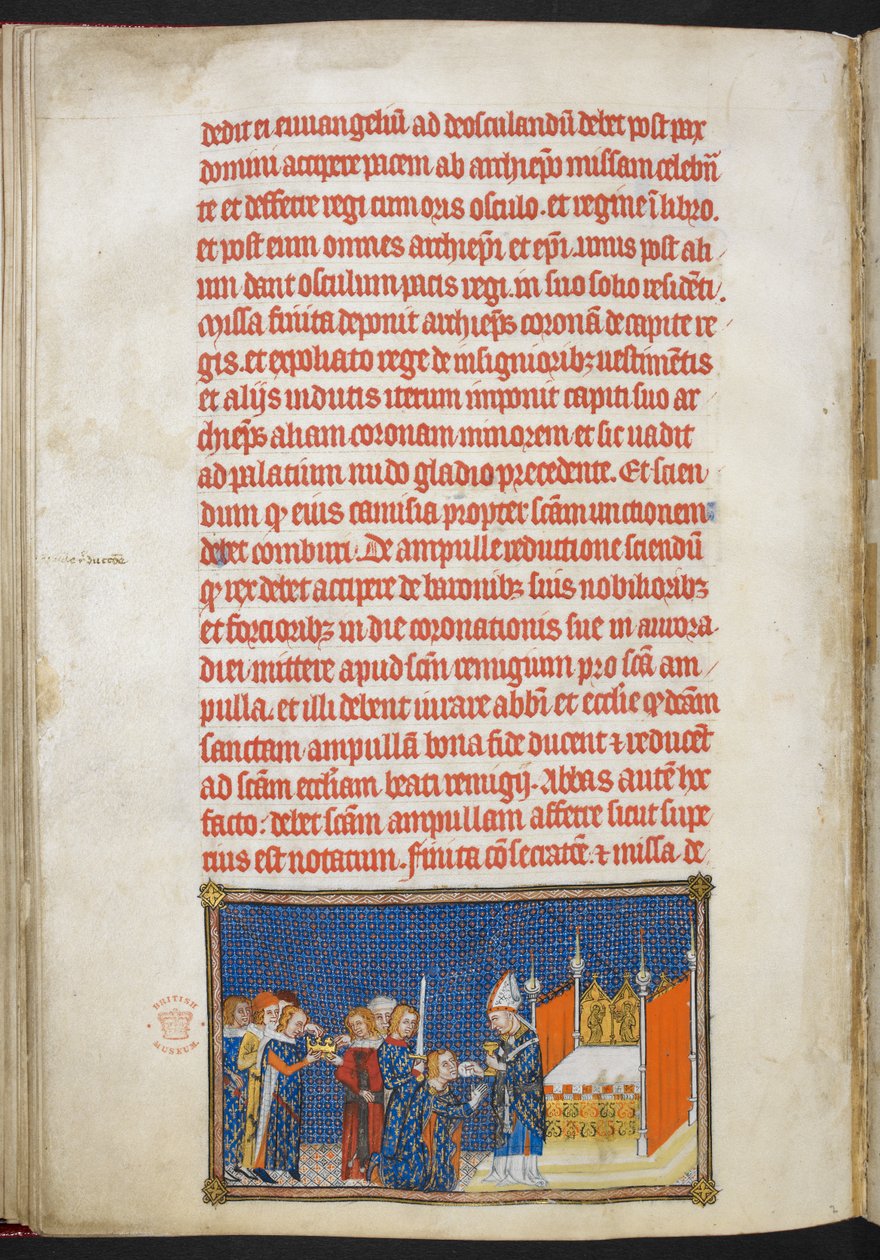 Cotton Tiberius B. VIII f.65v Kung Karl V knäböjer när ärkebiskopen av Reims placerar nattvardsbrickan i hans mun, illustration från 
