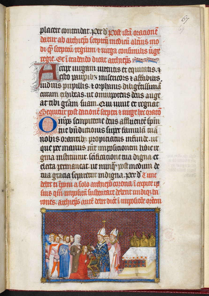 Cotton Tiberius B. VIII f.69r Drottningen tar emot spiran och virga, från 
